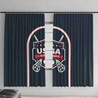 Navy lacrosse window curtain panel with large USA Lacrosse crest, sticks, and red-white border