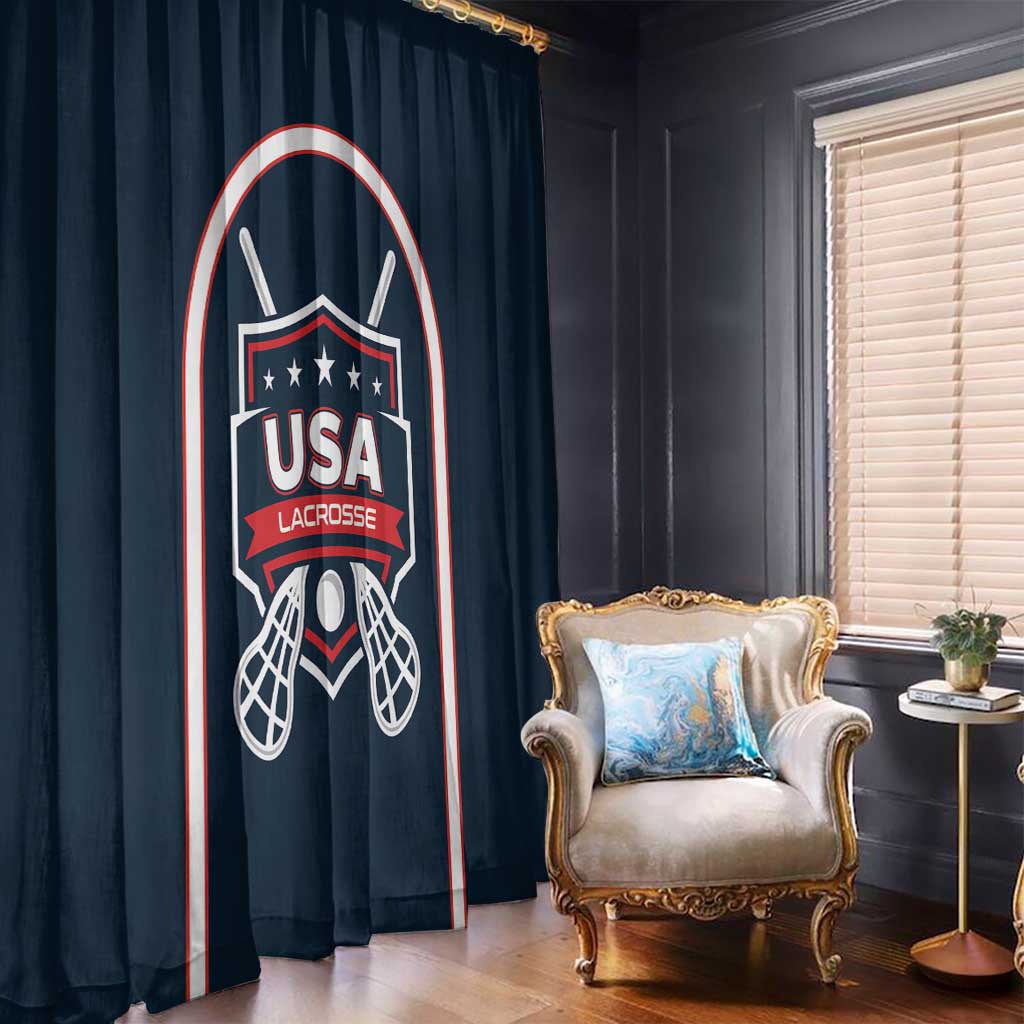 Navy USA Lacrosse window curtain with vertical crest graphic, lacrosse sticks, and red-white trim