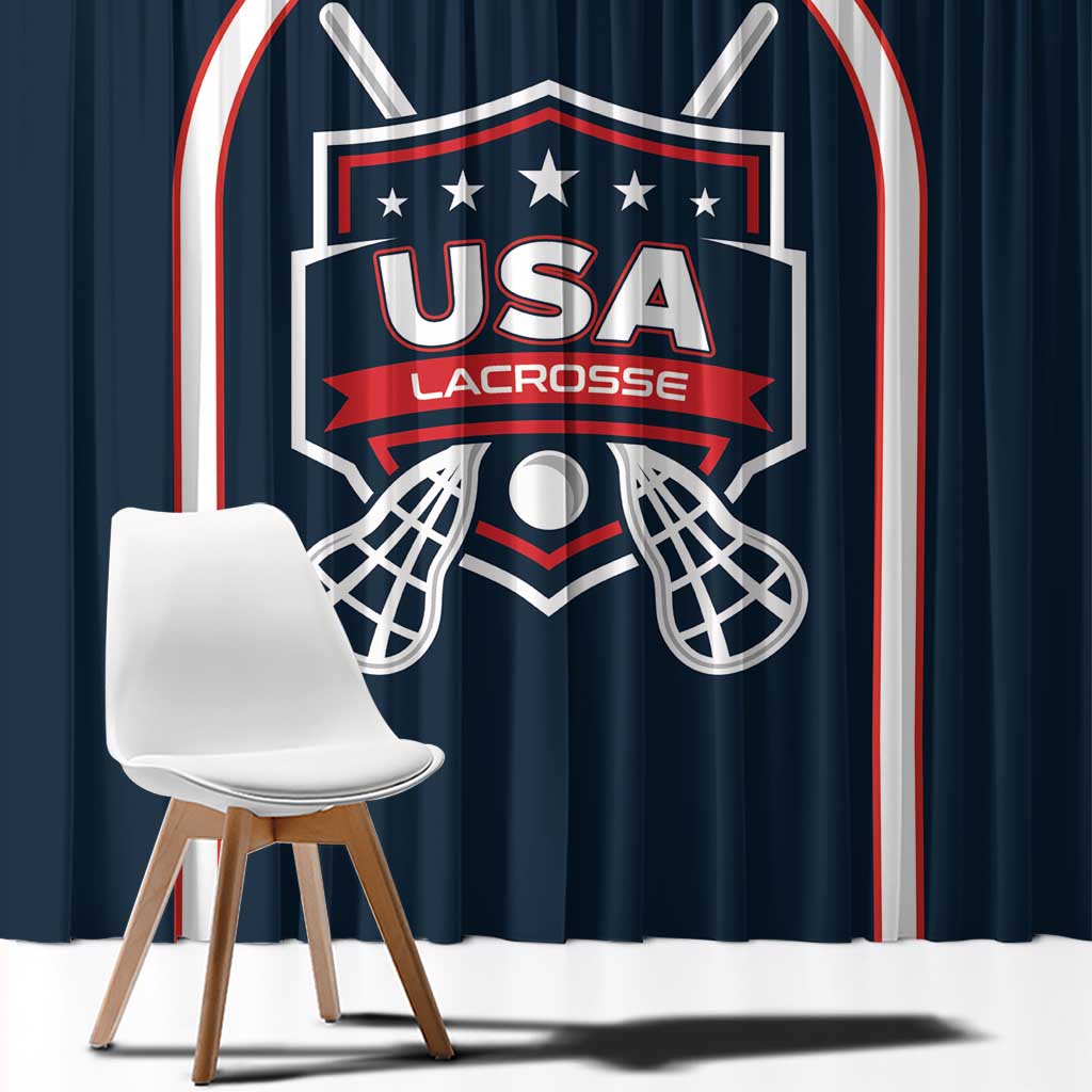 Navy USA Lacrosse curtain panel close-up with central crest, lacrosse sticks, and red-white outline