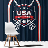Navy USA Lacrosse curtain panel close-up with central crest, lacrosse sticks, and red-white outline