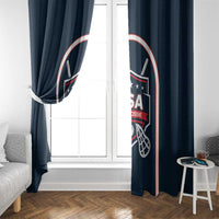 Navy window curtain pair with USA Lacrosse crest panels and red-white border around each side