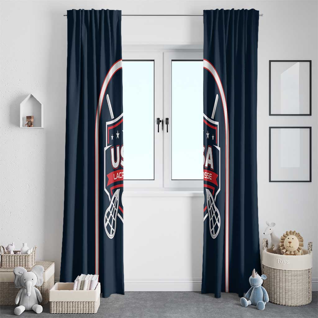 Navy lacrosse window curtain set with tall USA Lacrosse crest graphics, red-white curved accents