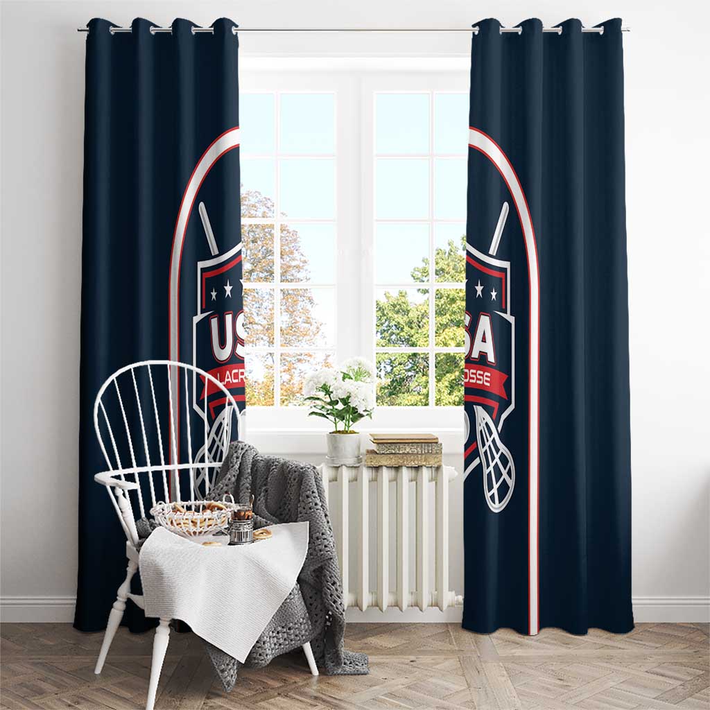 Navy USA Lacrosse window curtain with two side crest panels and red-white border detail