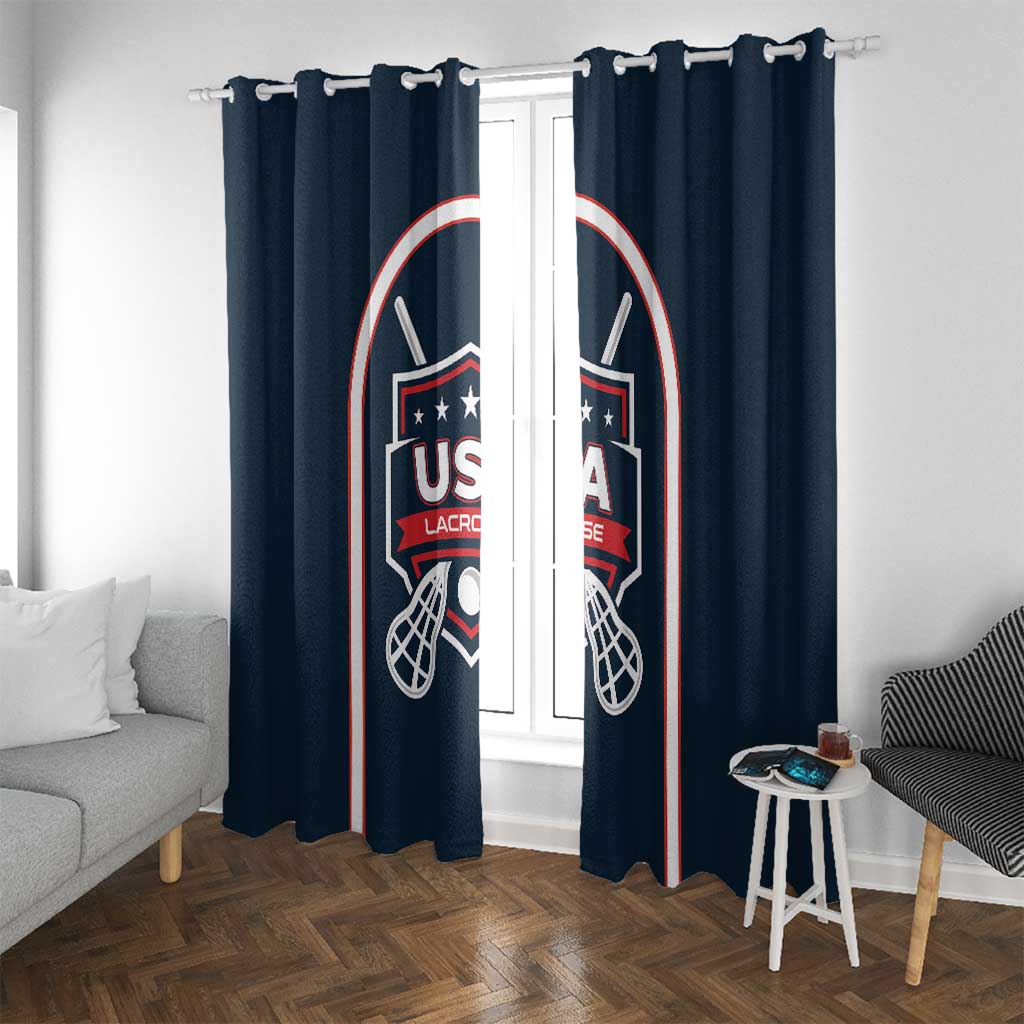 Navy USA Lacrosse window curtain with hanging loops and centered crest panels with red-white trim