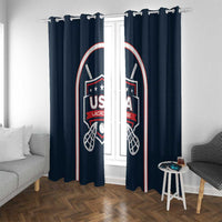Navy USA Lacrosse window curtain with hanging loops and centered crest panels with red-white trim