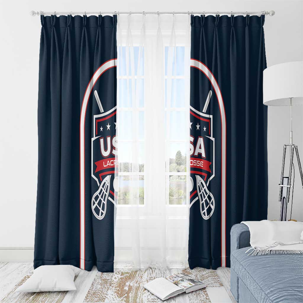 Navy lacrosse window curtain with two side USA Lacrosse crest panels, sticks, and red-white border