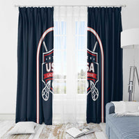 Navy lacrosse window curtain with two side USA Lacrosse crest panels, sticks, and red-white border