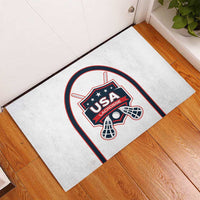 White rubber lacrosse doormat featuring USA Lacrosse emblem in an arched border