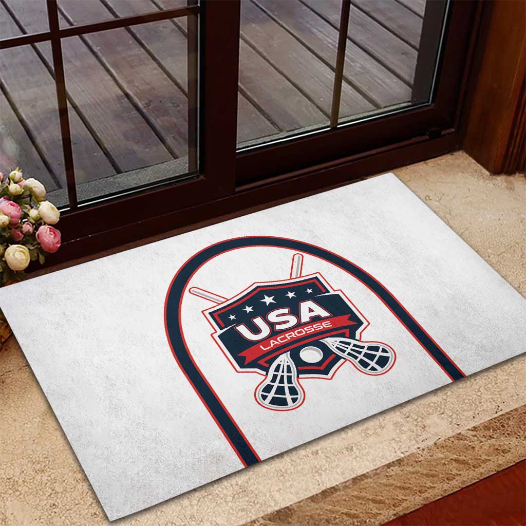 White rubber lacrosse doormat with USA Lacrosse crest at entryway flooring