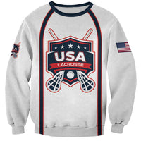 White unisex lacrosse sweatshirt with USA graphic and red/blue border sleeves