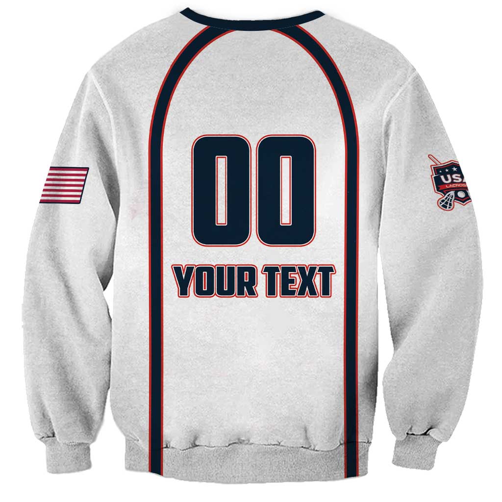 White unisex lacrosse sweatshirt back with large 00 and 'YOUR TEXT' graphic