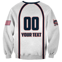 White unisex lacrosse sweatshirt back with large 00 and 'YOUR TEXT' graphic