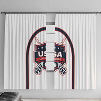 White lacrosse window curtain with USA Lacrosse crest graphic on two panels