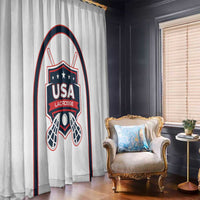 White lacrosse window curtain panel with USA Lacrosse crest and netstick design