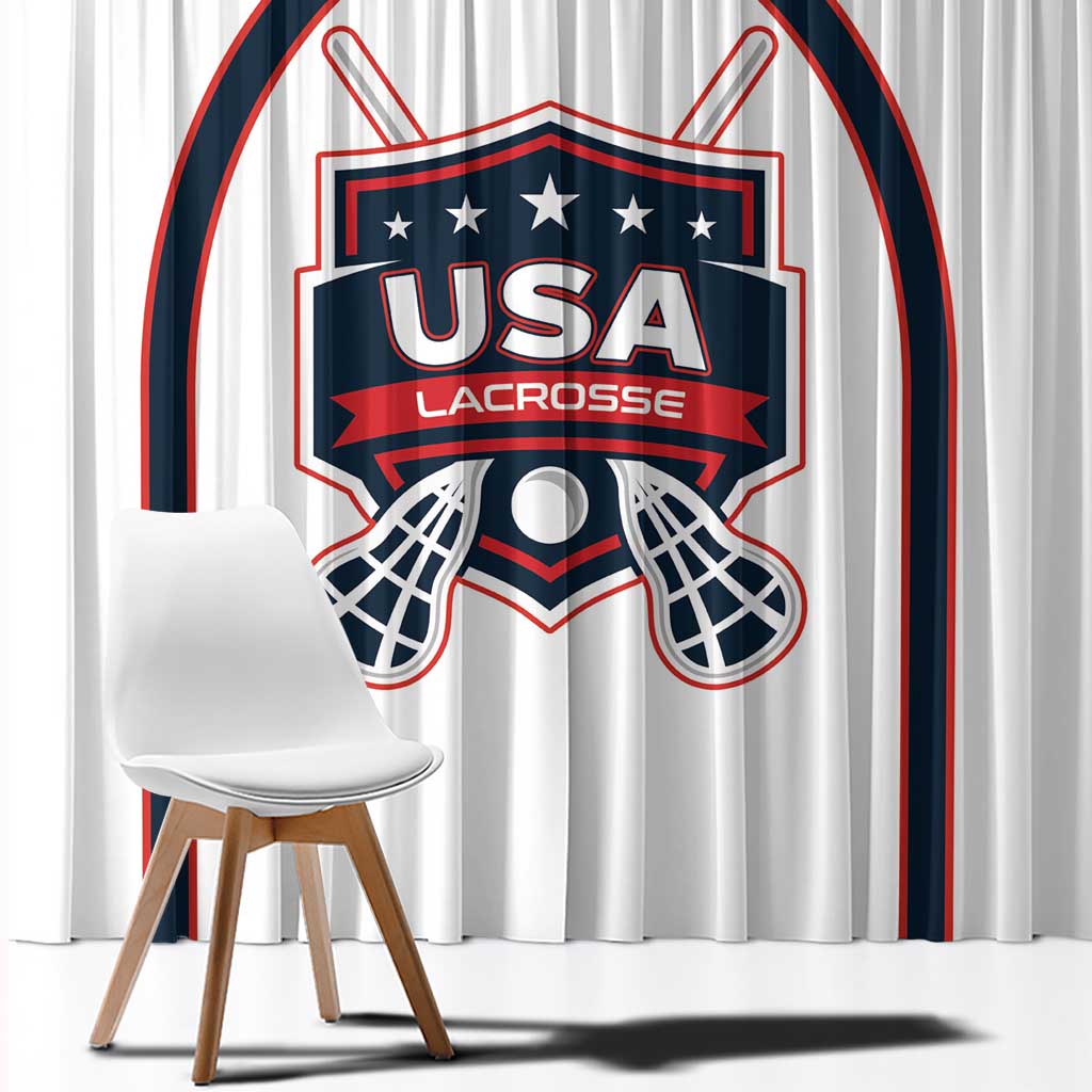 White lacrosse window curtain close-up of USA Lacrosse crest and lacrosse sticks