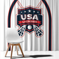 White lacrosse window curtain close-up of USA Lacrosse crest and lacrosse sticks