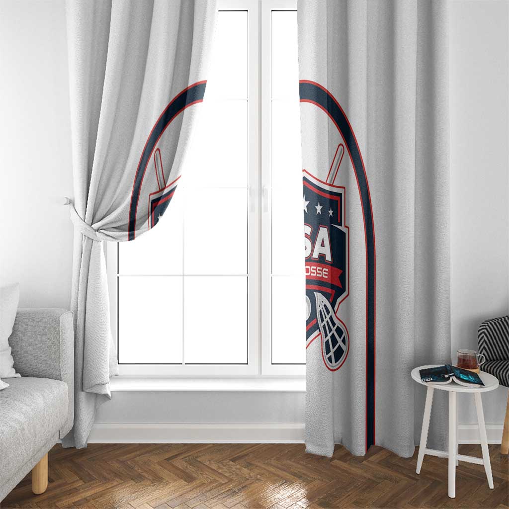 White lacrosse window curtain on window with USA Lacrosse crest near the side