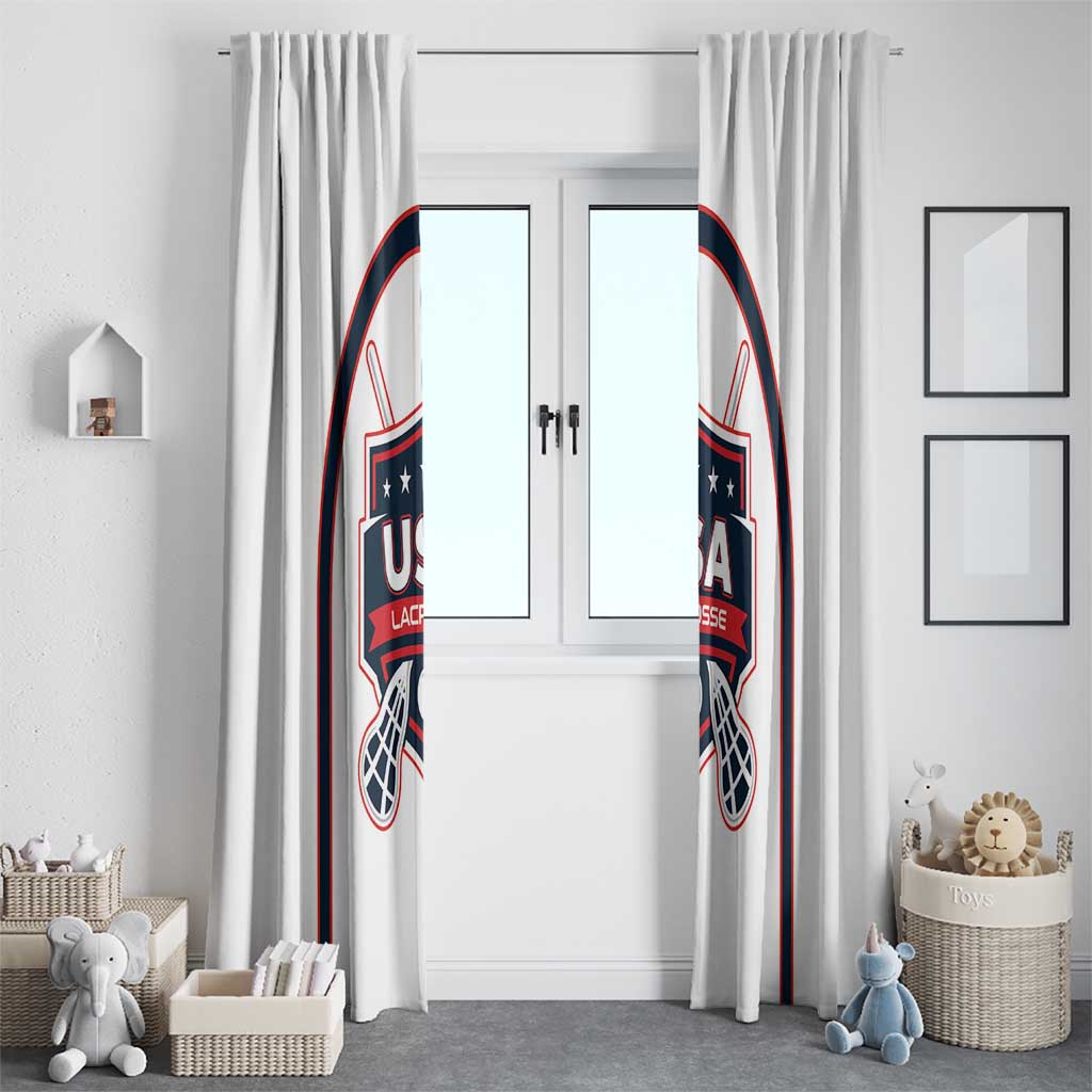 White lacrosse window curtain pair framing a front door opening with USA Lacrosse crest