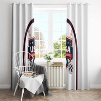 White lacrosse window curtain on rod with USA Lacrosse crest artwork on both panels