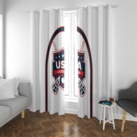 White lacrosse window curtain with USA Lacrosse crest graphic standing beside a small table