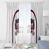 White lacrosse window curtain with USA Lacrosse crest graphic and hanging rod loops