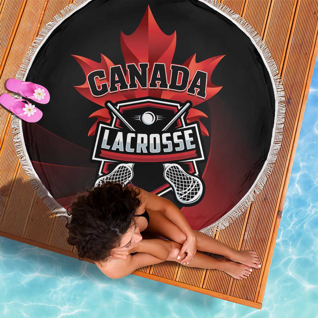 Canada Lacrosse round beach blanket in black with red and white lacrosse emblem, white fringe