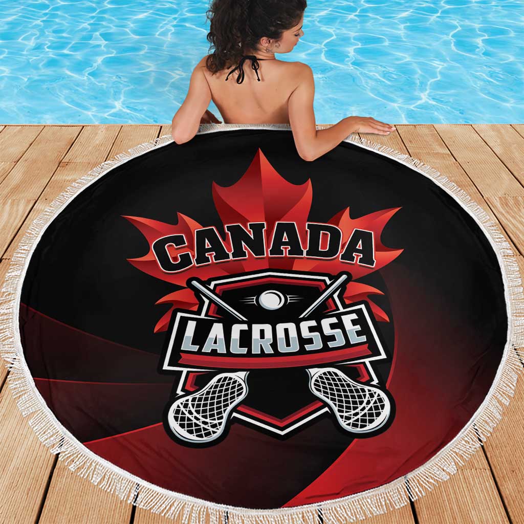 Canada Lacrosse round beach blanket, black with red and white lacrosse emblem and fringe