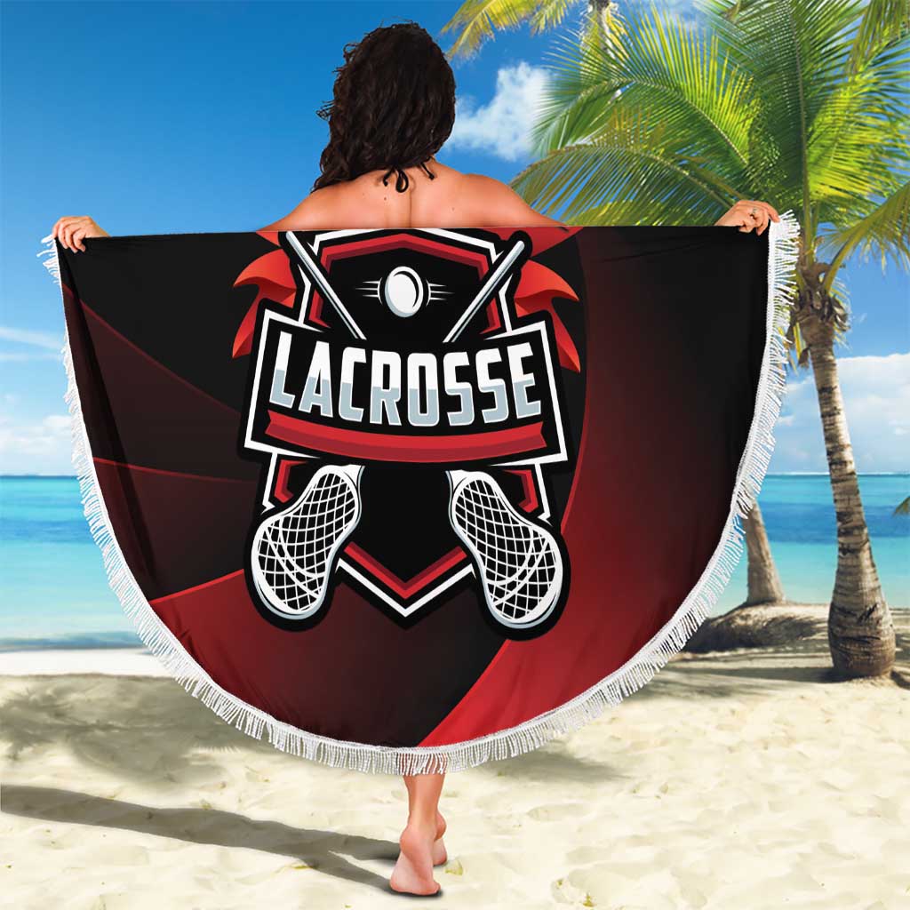Canada Lacrosse beach blanket held up, black with red lacrosse emblem and white fringe