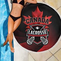 Canada Lacrosse round beach blanket, black with red lacrosse logo and white fringe