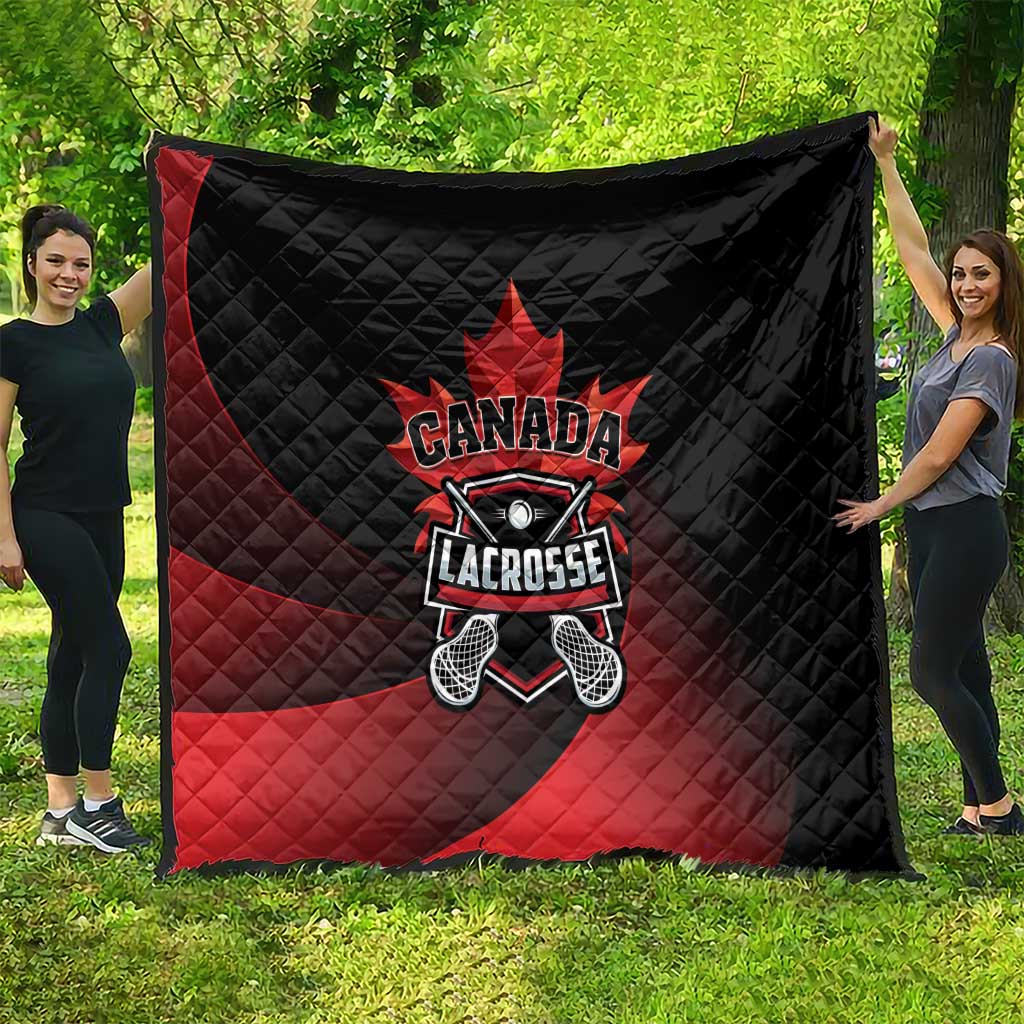 Canada Lacrosse quilt blanket laid flat, black and red with Canada Lacrosse crest