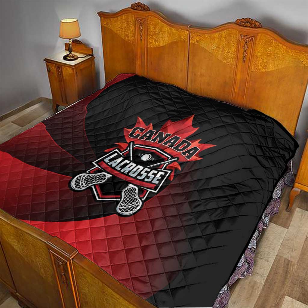 Canada Lacrosse quilt blanket on bed, black and red quilted texture with Canada Lacrosse crest