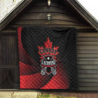 Canada Lacrosse quilt blanket displayed on porch, black and red diamond quilting and logo
