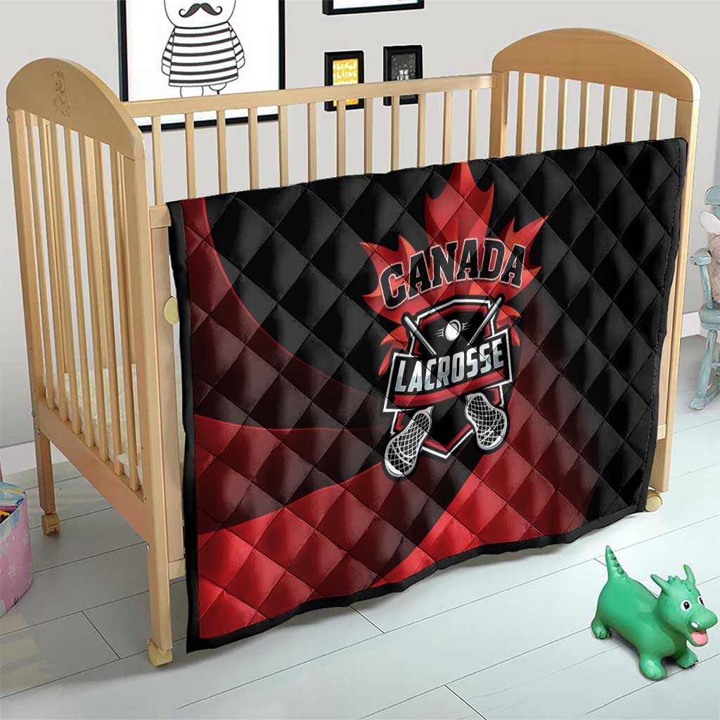 Canada Lacrosse quilt blanket on toddler bed, black and red with Canada Lacrosse crest