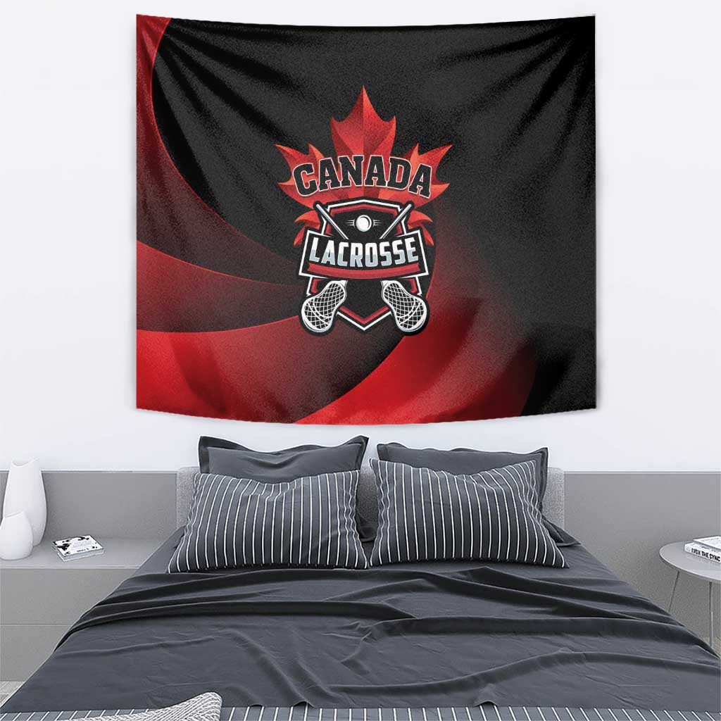 Canada Lacrosse logo tapestry, black background with red ribbon-style curves and emblem