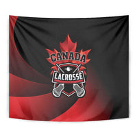 Canada Lacrosse emblem tapestry, close view of black and red wave background