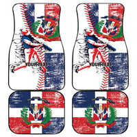 Four car floor mats with Dominican Republic flag grunge baseball design, white red blue