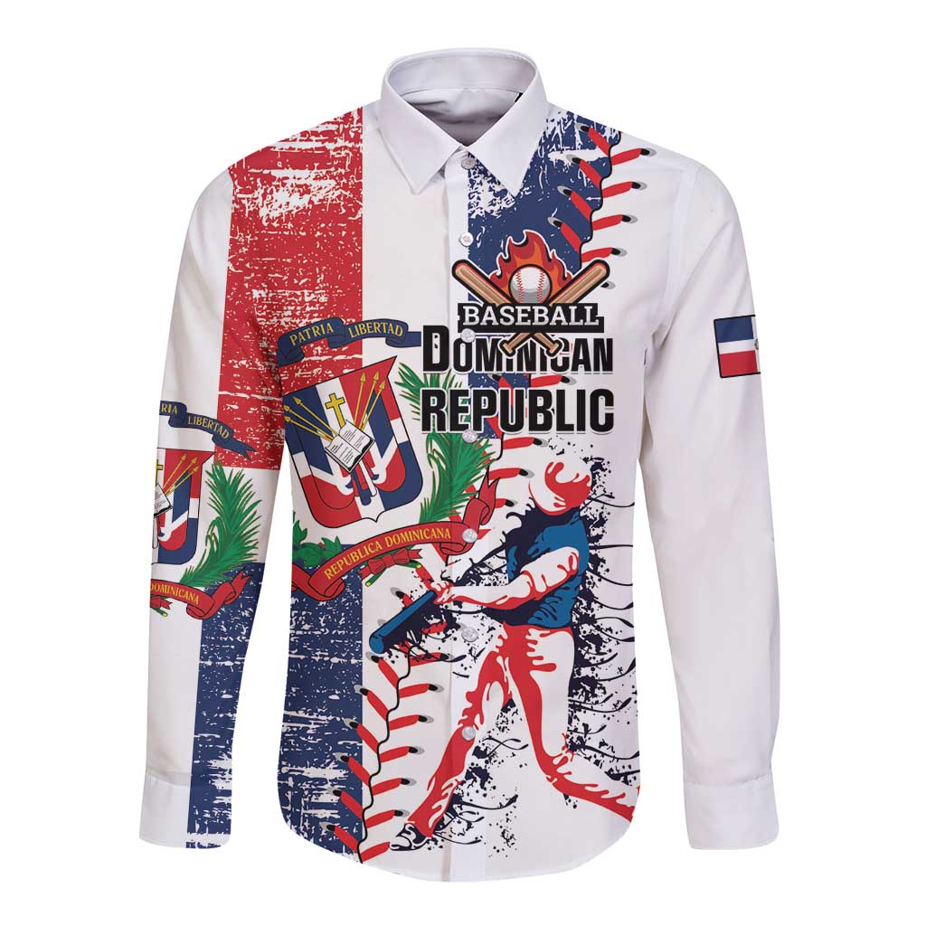 Long sleeve button-up baseball shirt, white with red and navy grunge team graphic