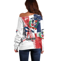 Women’s off-shoulder white sweater, back view with red and blue graphic and “YOUR TEXT”
