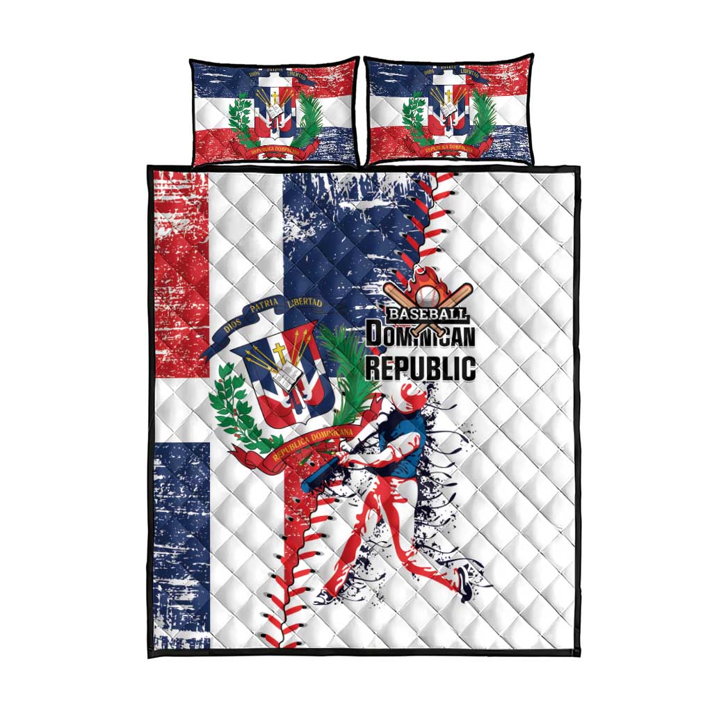 White quilt bedspread with Dominican Republic baseball logo and splatter art, 2 pillow shams