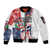 White zip-up bomber jacket with ribbed hem, cuffs, and colorful Dominican crest front