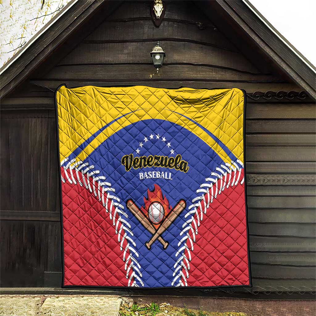 Baseball quilt blanket hanging outdoors, Venezuela baseball logo in blue center and red base