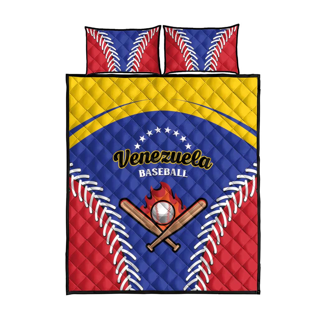 Baseball quilt bed set with blue and red quilt, yellow border, and two matching pillows