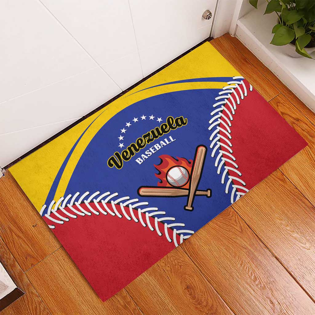Venezuela baseball rubber doormat on floor, red blue yellow with bat and baseball graphic