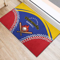 Venezuela baseball rubber doormat with curved blue ring, red yellow base, bat and ball