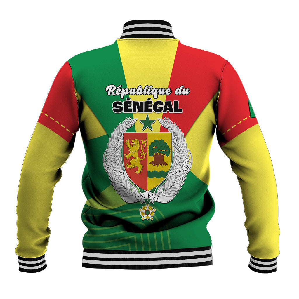 Senegal baseball jacket, back view, multicolor with crest and striped collar and cuffs