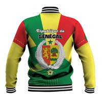 Senegal baseball jacket, back view, multicolor with crest and striped collar and cuffs