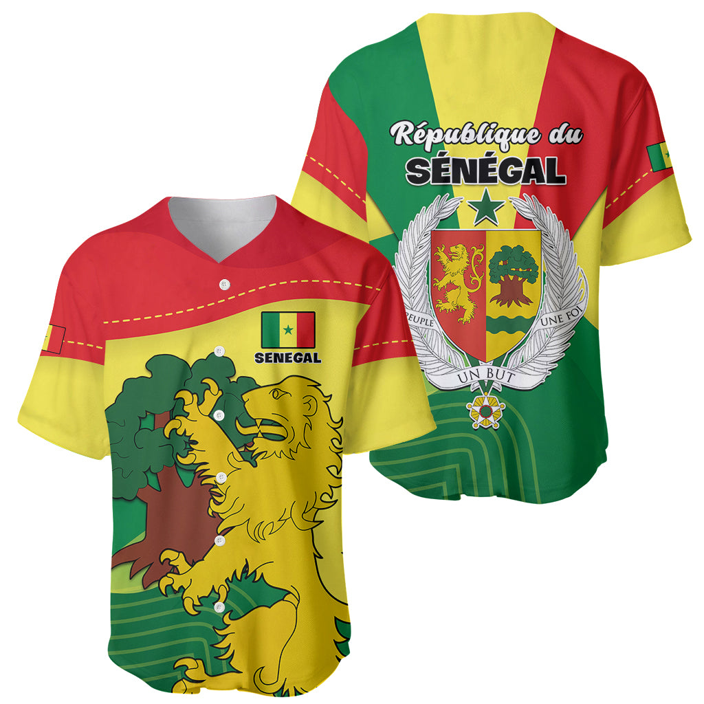 Senegal baseball jersey shown front and back: lion front, crest back; red/yellow/green