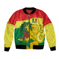 Unisex Senegal bomber jacket with colorful flag lion graphic, front zipper, black ribbed cuffs