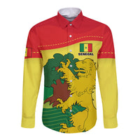 Long sleeve button shirt with front lion graphic in red, yellow, and green