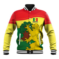 Unisex baseball jacket in red, yellow, green with snap button front, Senegal lion crest